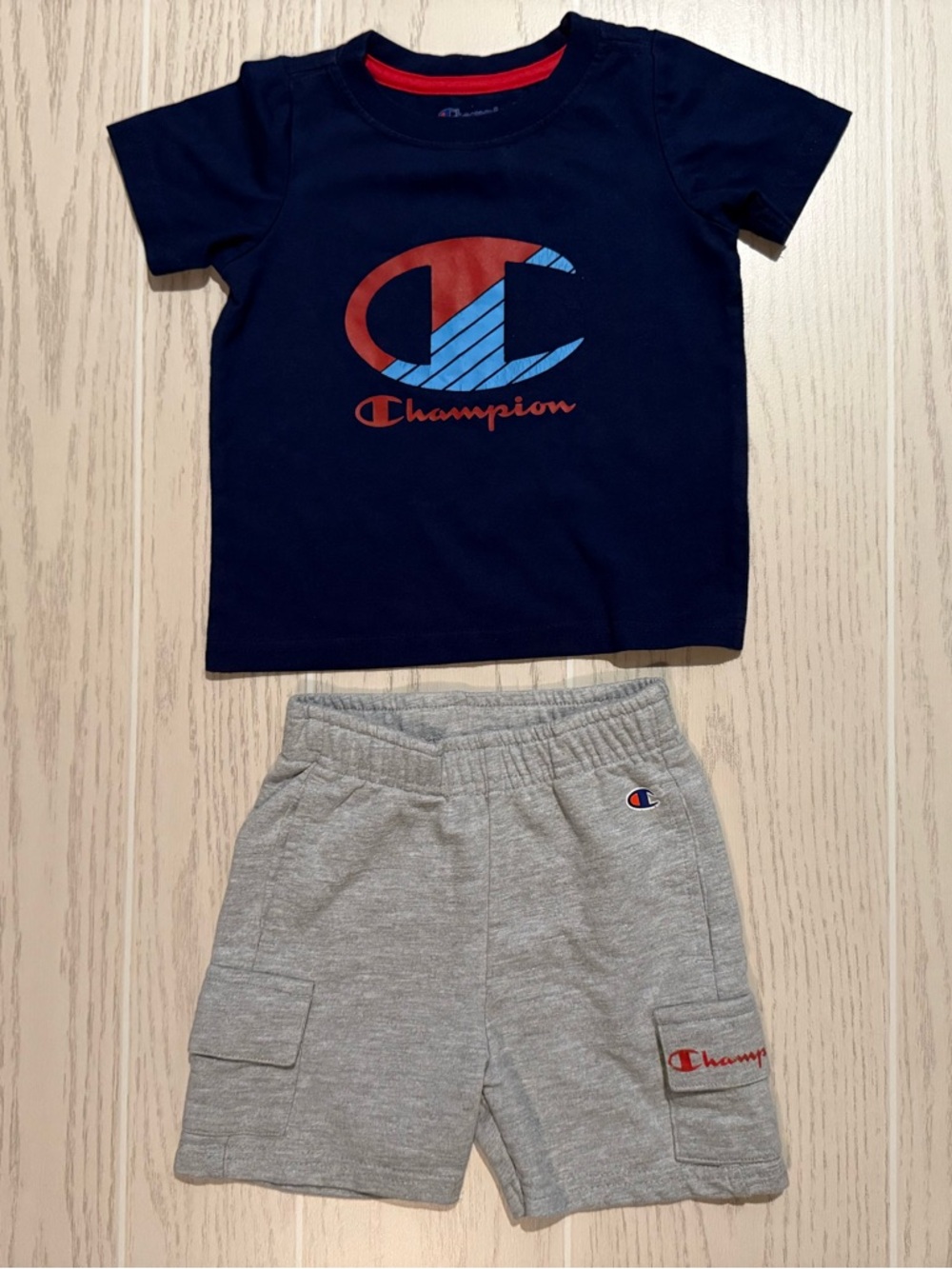 Champion Boys Outfit Set 12-18M Navy Logo Tee Gray Cargo Shorts EUC